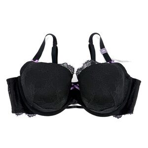 Cacique Lightly Lined Balconette Bra Size 44D Black Lace Purple Accent Underwire